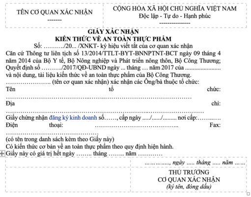 Mẫu đơn đề nghị xác nhận kiến thức an toàn thực phẩm