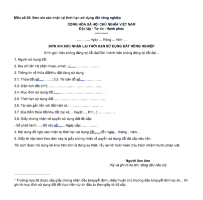 Đơn xin xác nhận lại thời hạn sử dụng đất nông nghiệp theo Mẫu 09